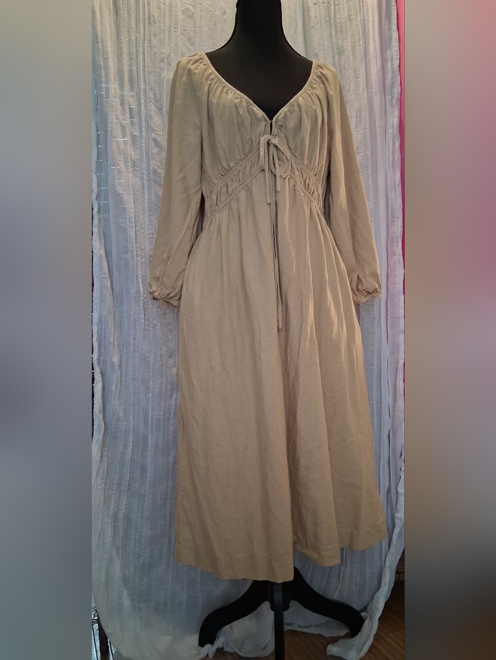 Universal Thread Beige Long-Sleeve Tie-Front Maxi Dress